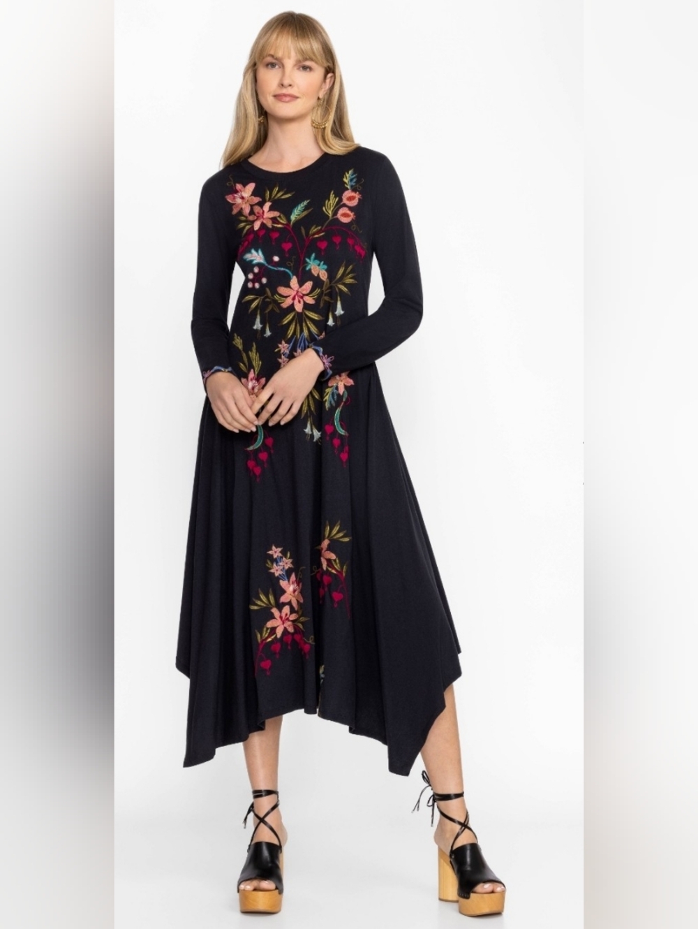 Johnny Was Amarylla Floral Embroidered Handkerchief Knit Midi Dress Size Medium